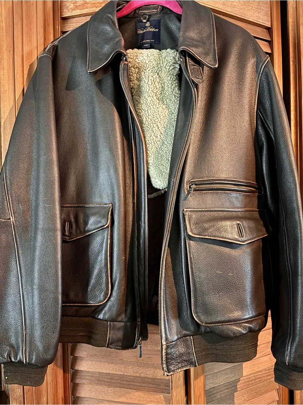 Brooks Brothers Brown Leather Bomber Jacket with Sherpa Collar Included